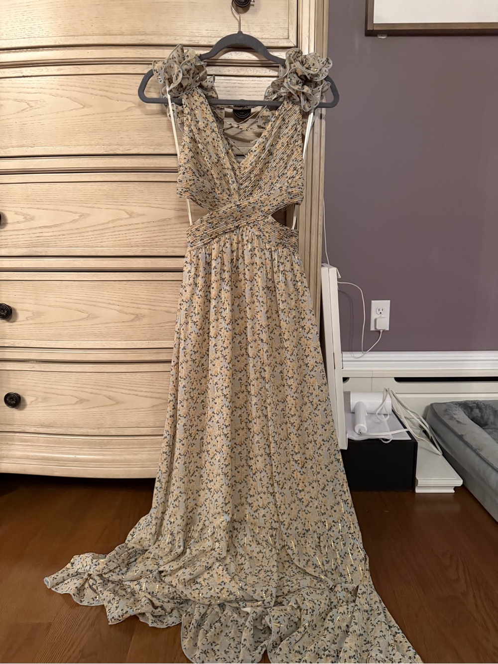 Fate Cream Floral Maxi Dress with Ruffle Shoulders